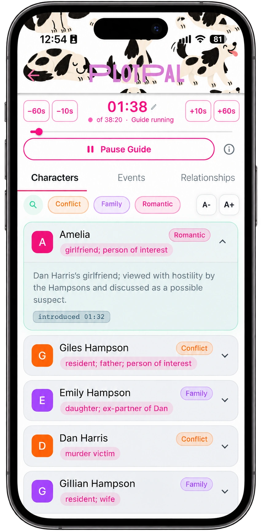 PlotPal character guide showing people and their roles in the story