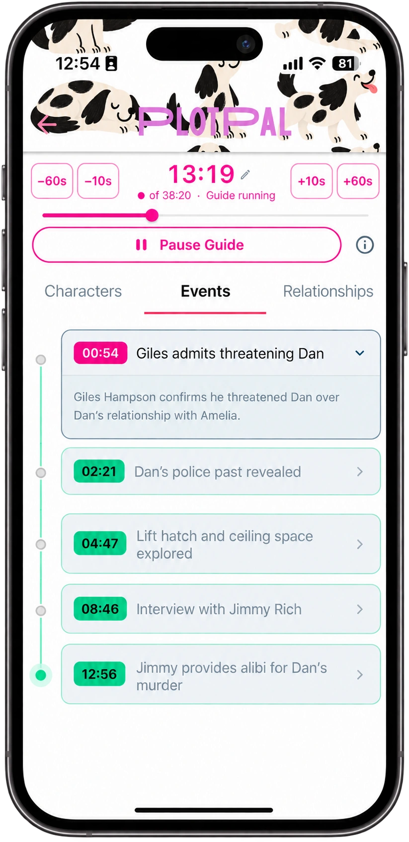PlotPal events guide showing a timestamped story timeline